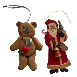 Vintage Wooden Hand Painted Bear & Santa Christmas Ornaments